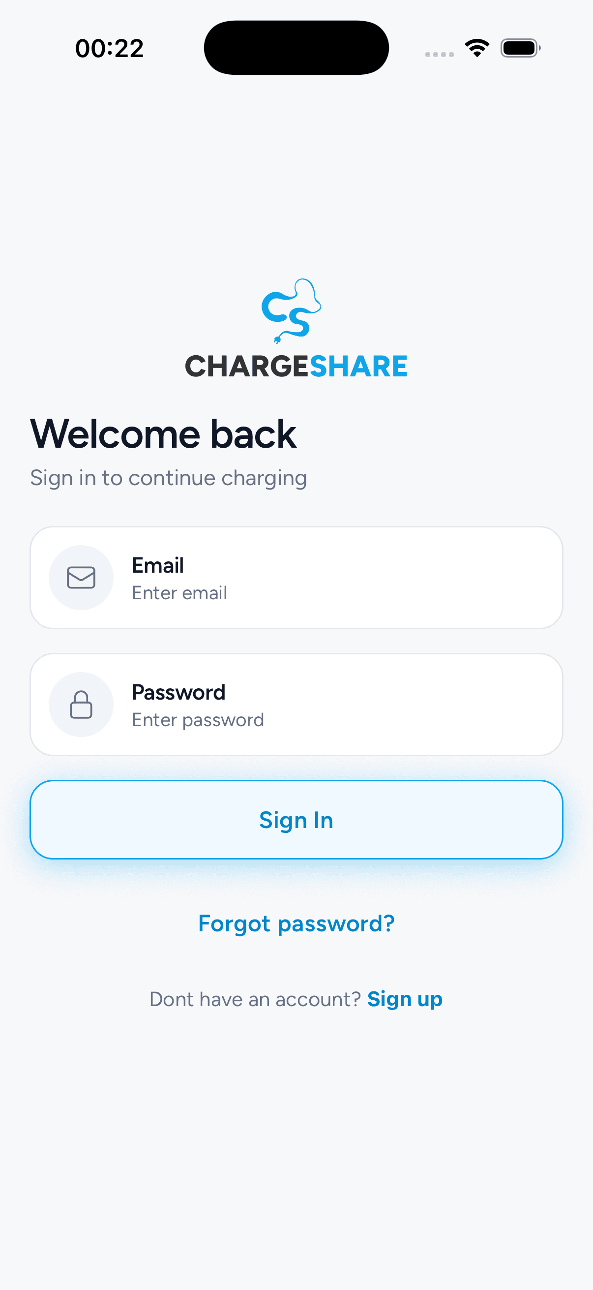ChargeShare EV charging app, screen 1