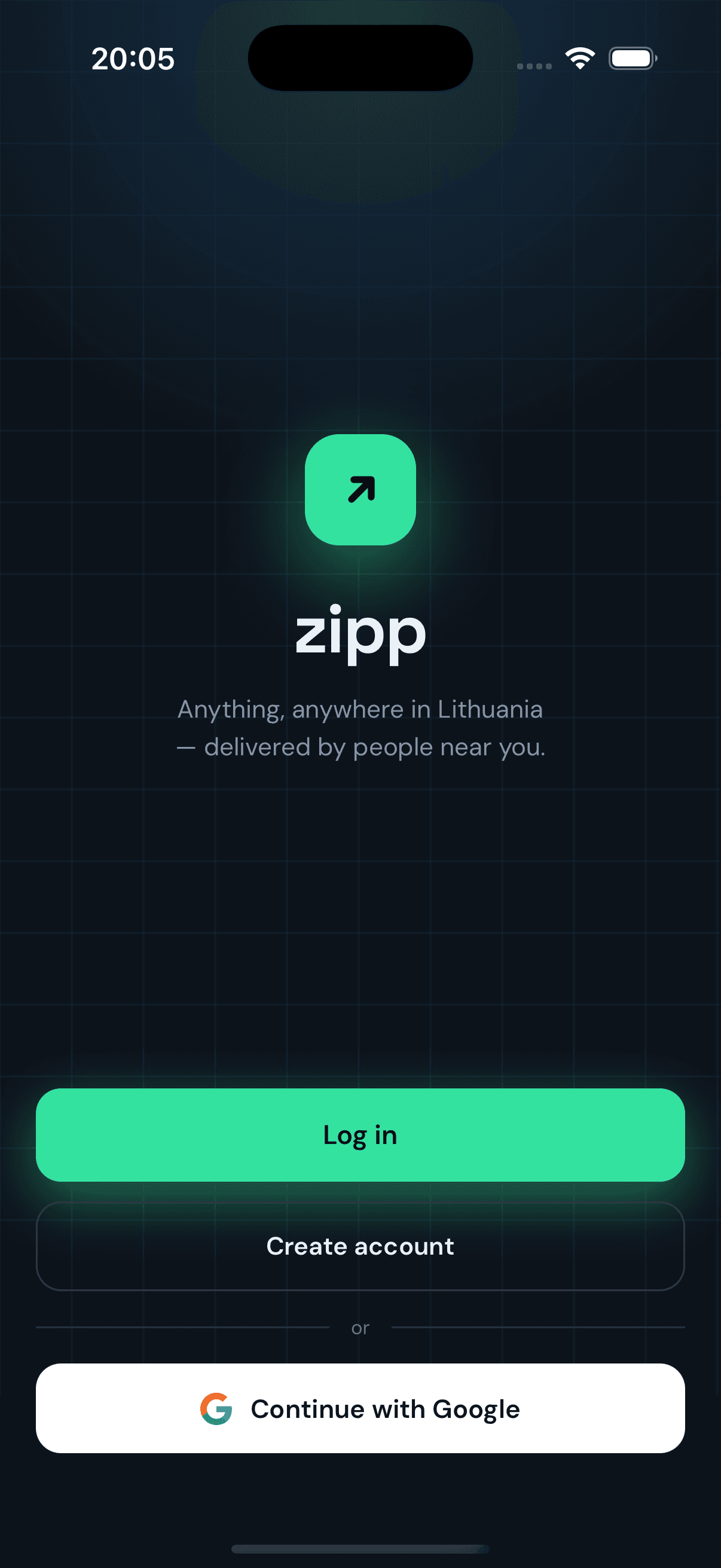 Zipp parcel delivery app, screen 1